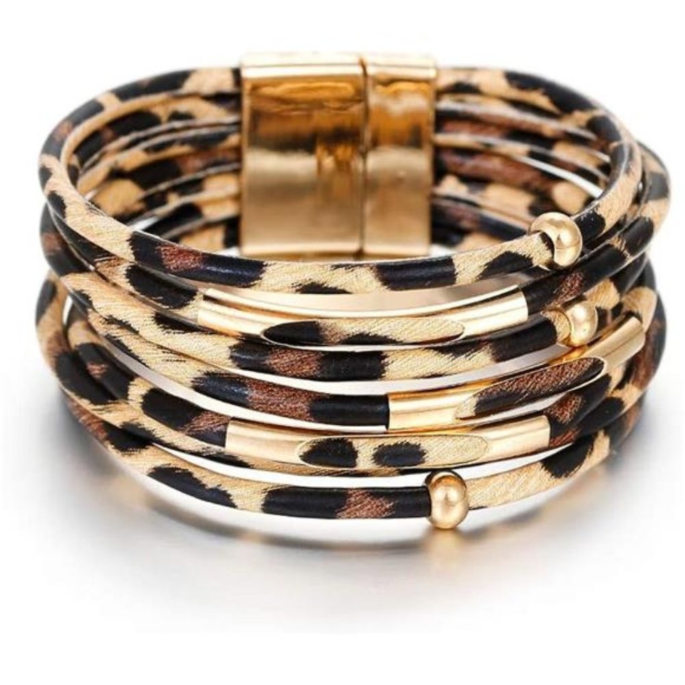 Leopard Bracelet for Women, Boho Leather Wrap Multi-Layer Pearl Crystal Bracelet